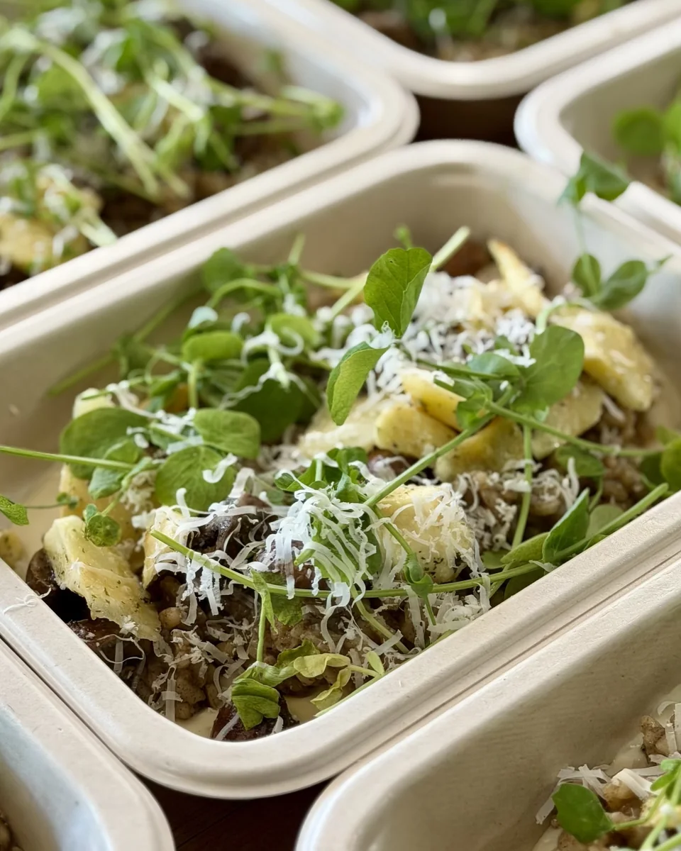 Cremini mushroom risotto topped with pea shoots and shaved cheese